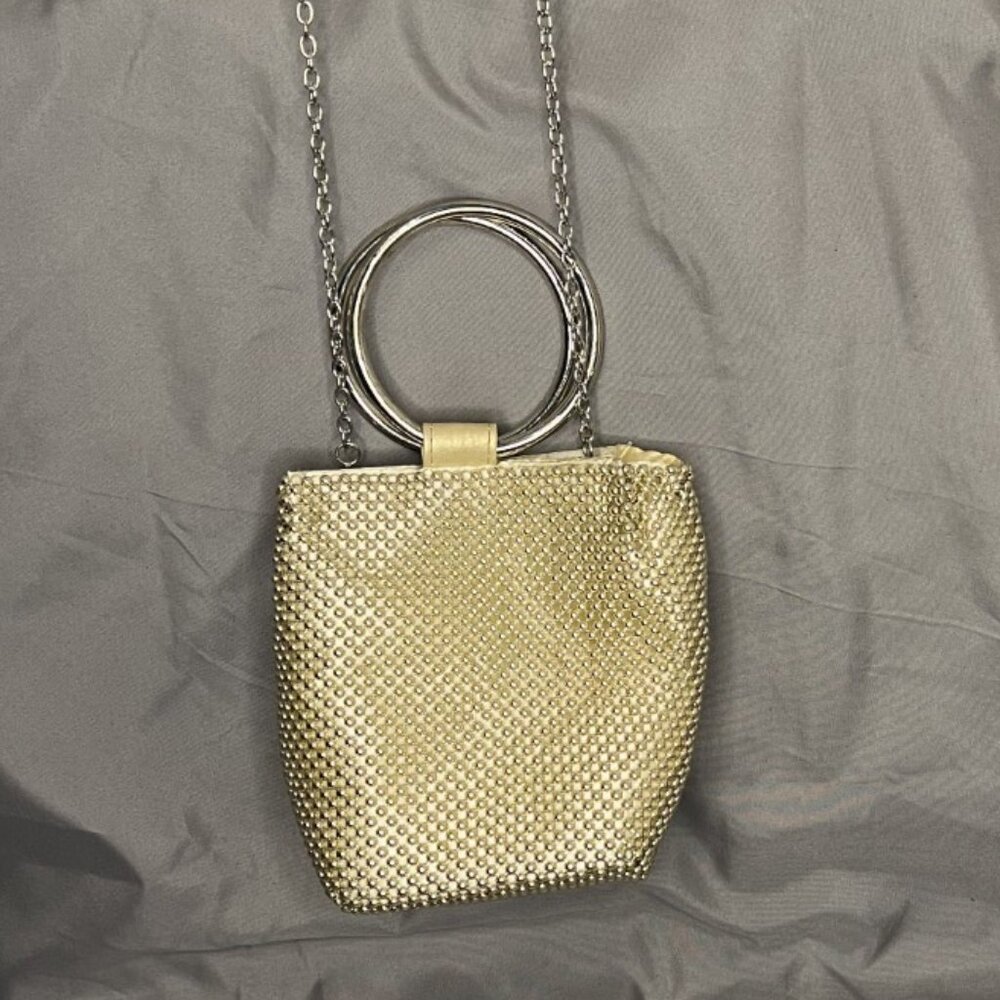 Gold Beaded Evening Bag, Cream Satin, Ring Handles, Detachable Chain Strap, EUC